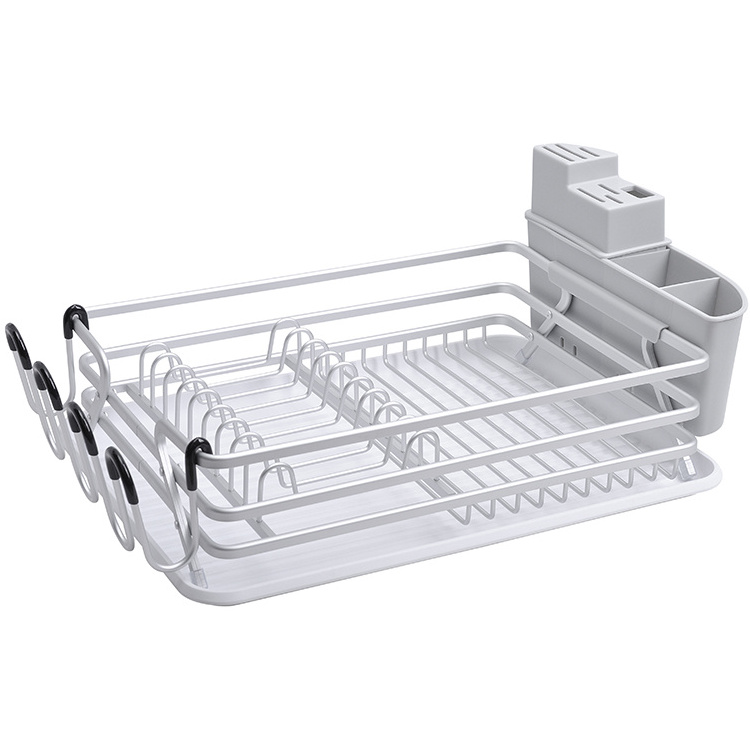 Aluminum Dish Drying Rack Never Rust Sink Dish Drying Rack with Utensil Holder Removable Plastic Drainer Tray