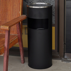 Round Smoking Trash Bin Outdoor Trash Can With Ashtray Hotel Lobby Black Floor-standing Stainless Steel Ash Bin