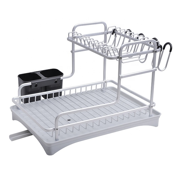 Korean Counter Top Drying Dish Rack Kitchen Shelf Two Tiers Aluminum Double Layers Wire Drainer Dish Draining Rack