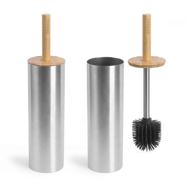 Houselin Fancy Toilet Cleaning Brush Bamboo Wood Stainless Steel Toilet Bowl Brush Holder Round Square New Design