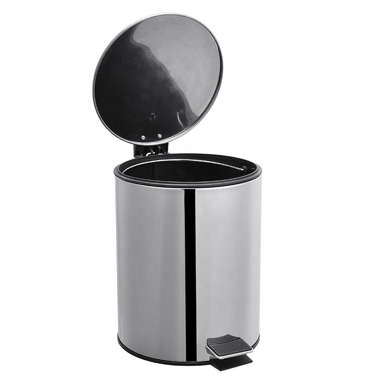 Hotel 3l 5l 12l Stainless Steel Round Shape Pedal Bin Thin Lid And Soft Closed Foot Pedal Waste Bin Household Trash Can