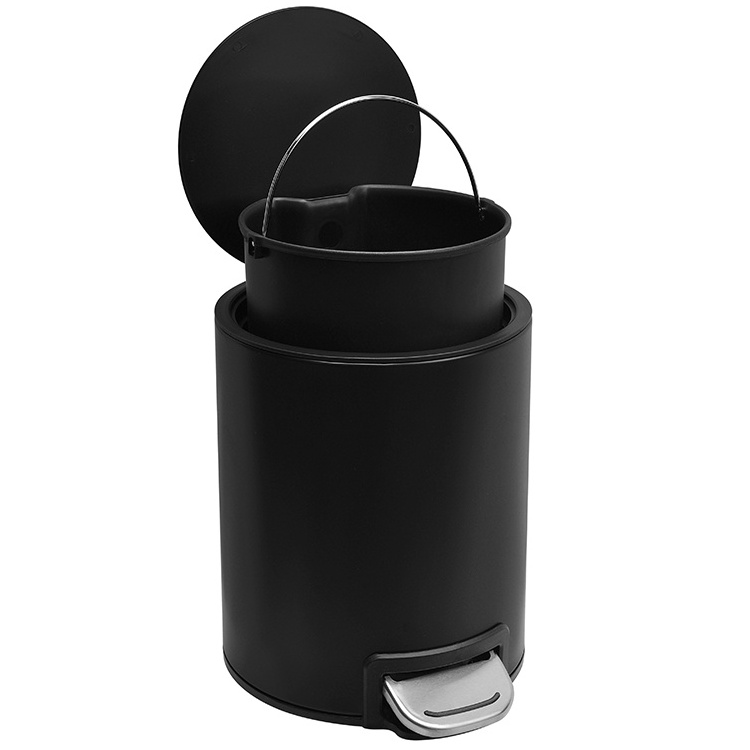 Elegant Small Round Bathroom Garbage Can Black Stainless Steel Pedal Waste Bin Dust Bins with slim lid  For Domestic Trash Can