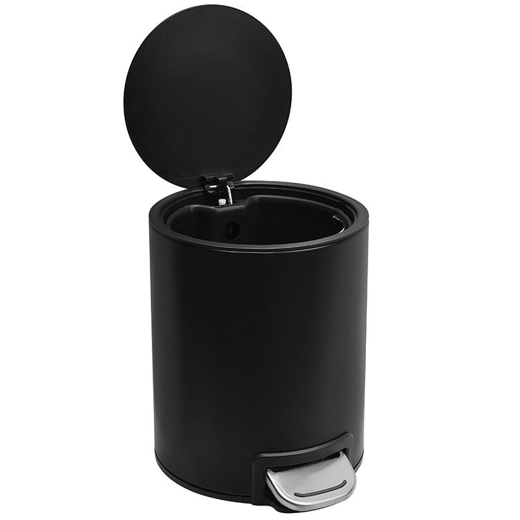 Elegant Small Round Bathroom Garbage Can Black Stainless Steel Pedal Waste Bin Dust Bins with slim lid  For Domestic Trash Can