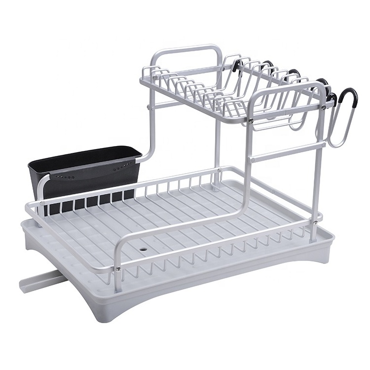 Korean Counter Top Drying Dish Rack Kitchen Shelf Two Tiers Aluminum Double Layers Wire Drainer Dish Draining Rack