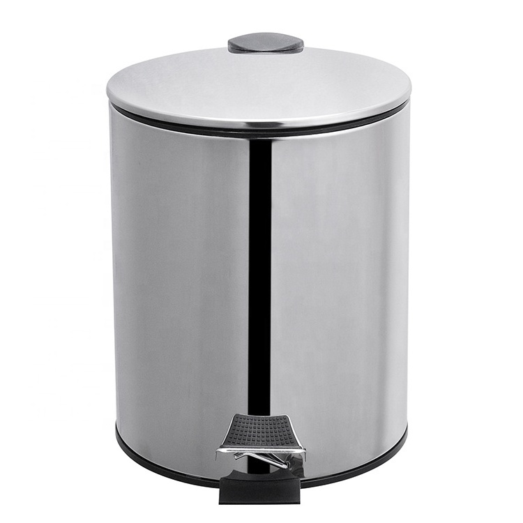 Hotel 3l 5l 12l Stainless Steel Round Shape Pedal Bin Thin Lid And Soft Closed Foot Pedal Waste Bin Household Trash Can