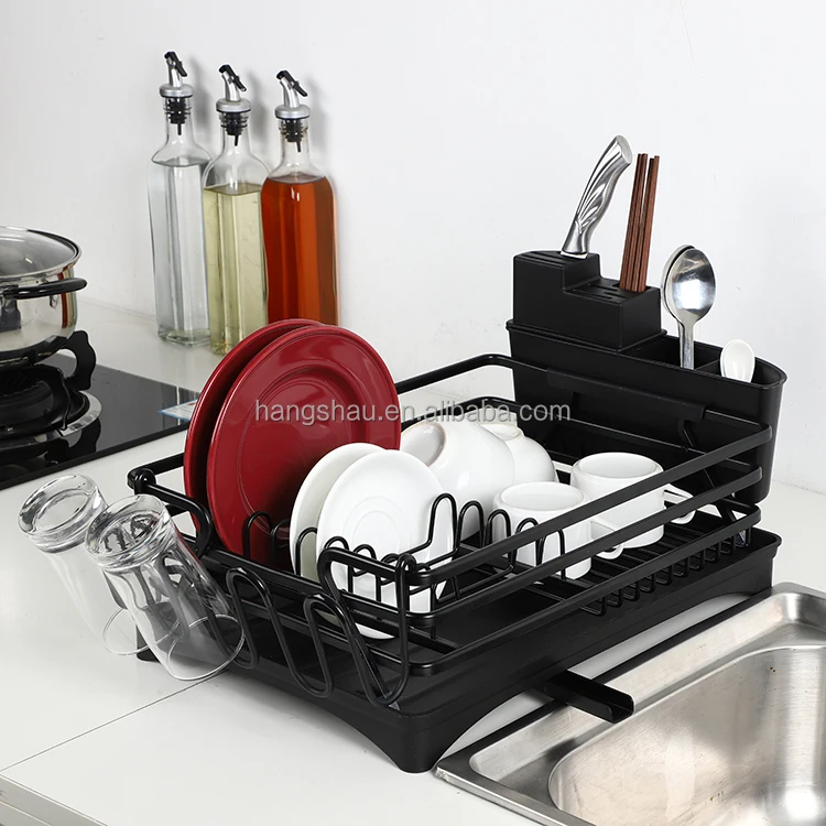 Aluminum Dish Drying Rack with Sink Dish Drying Rack with Utensil Holder Removable Drainer Tray Single Level Kitchen Organizer