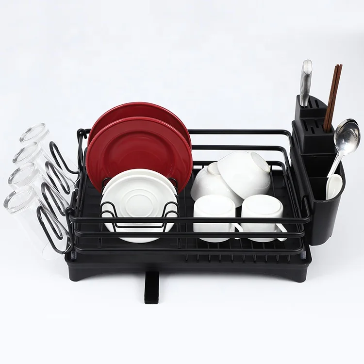 Aluminum Dish Drying Rack with Sink Dish Drying Rack with Utensil Holder Removable Drainer Tray Single Level Kitchen Organizer