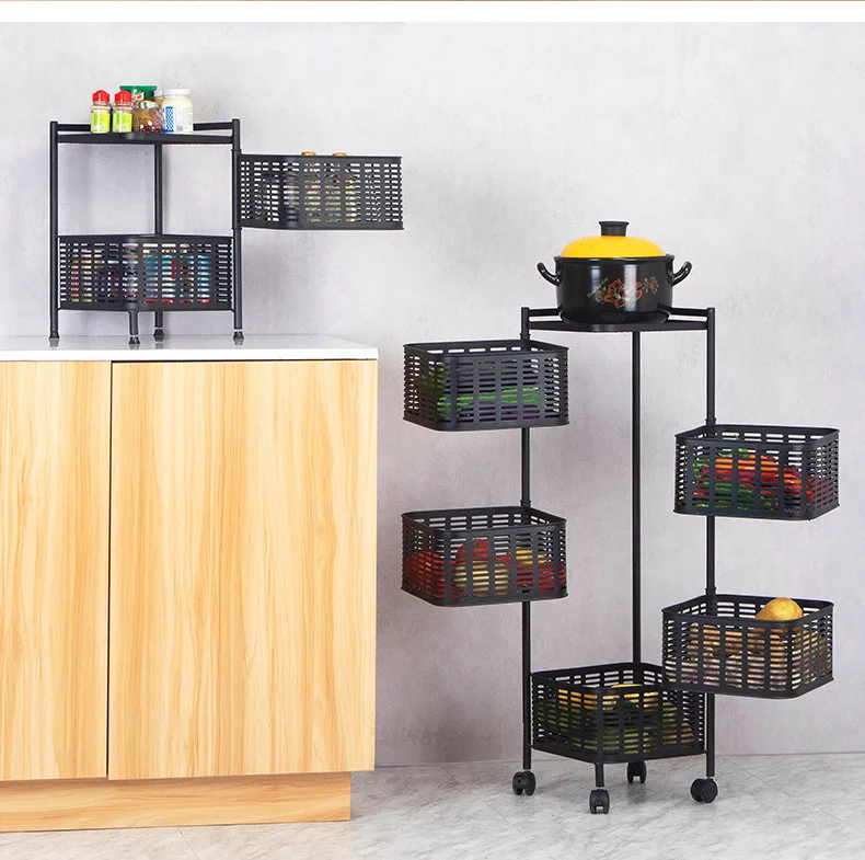 Super 2-tier multifunctional floor trolley 360-degree rotating kitchen shelves fruit and vegetable organizer