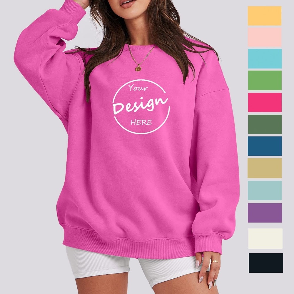 Custom Pink Woman Oversize Sweatshirt Puff Print Plain Crewneck Embossed Cotton Jumper Plus size Crew Neck Sweatshirts Women