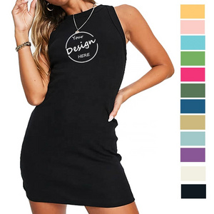 Wholesale Casual Rib Summer Dresses Custom Blank Screen Print Cotton Fitted High Quality Sexy Sleeveless Shirt Dress For Women