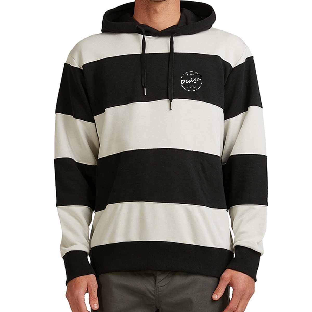 Fashion Black And White Wide Stripes Color Block Regular Fit Cotton / Polyester Hoodie Men Casual Custom Printed Logo Hoodie