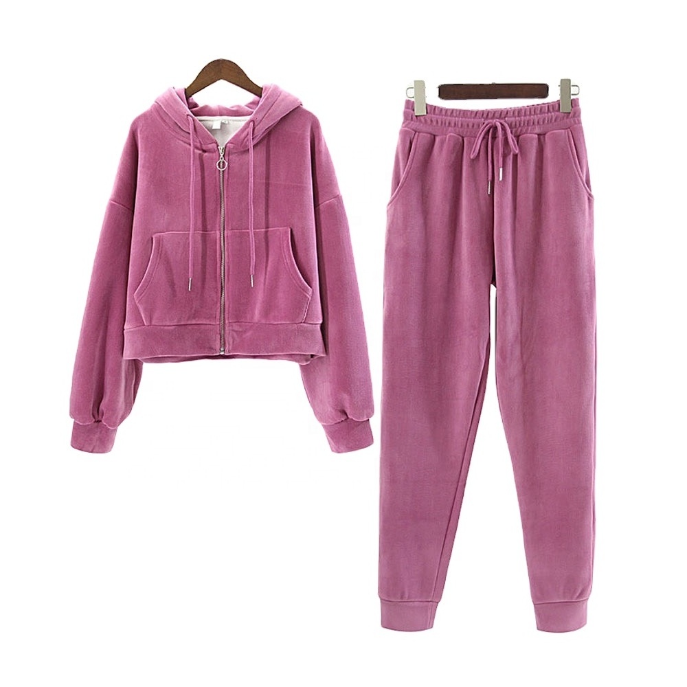 JL0302A Custom Crop Top Zipped Hoodie And Joggers Women Set Blank Purple  Hoodies And Sweatpants Tracksuit For Women