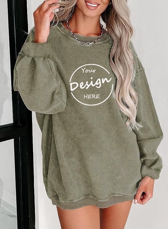 Embroidered Corduroy Jumper Crewneck Wholesale Custom Plain Ribbed Heavyweight 400GSM Corded Crew Neck Sweatshirt For Women