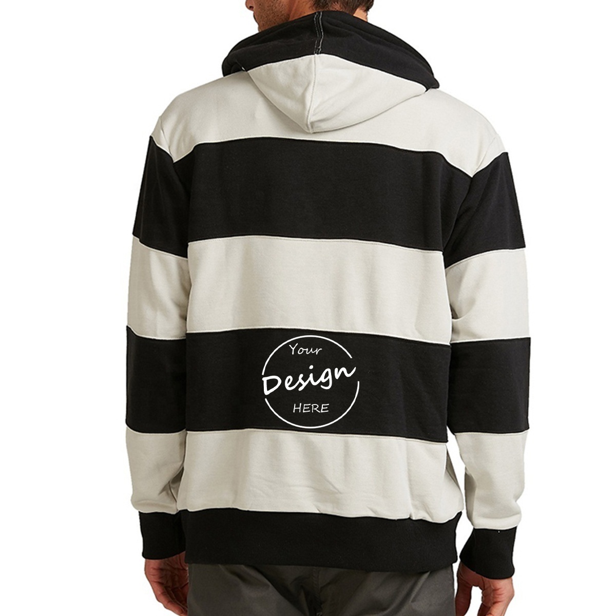 Fashion Black And White Wide Stripes Color Block Regular Fit Cotton / Polyester Hoodie Men Casual Custom Printed Logo Hoodie