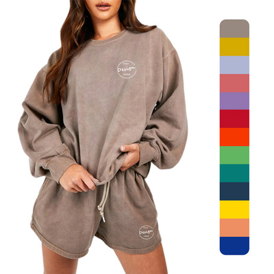 Custom Logo Sportswear Short Sweat Suit Women Vintage Two Piece Sweatshirt And Shorts Sets Stone Washed Jogger Jumper Women Sets