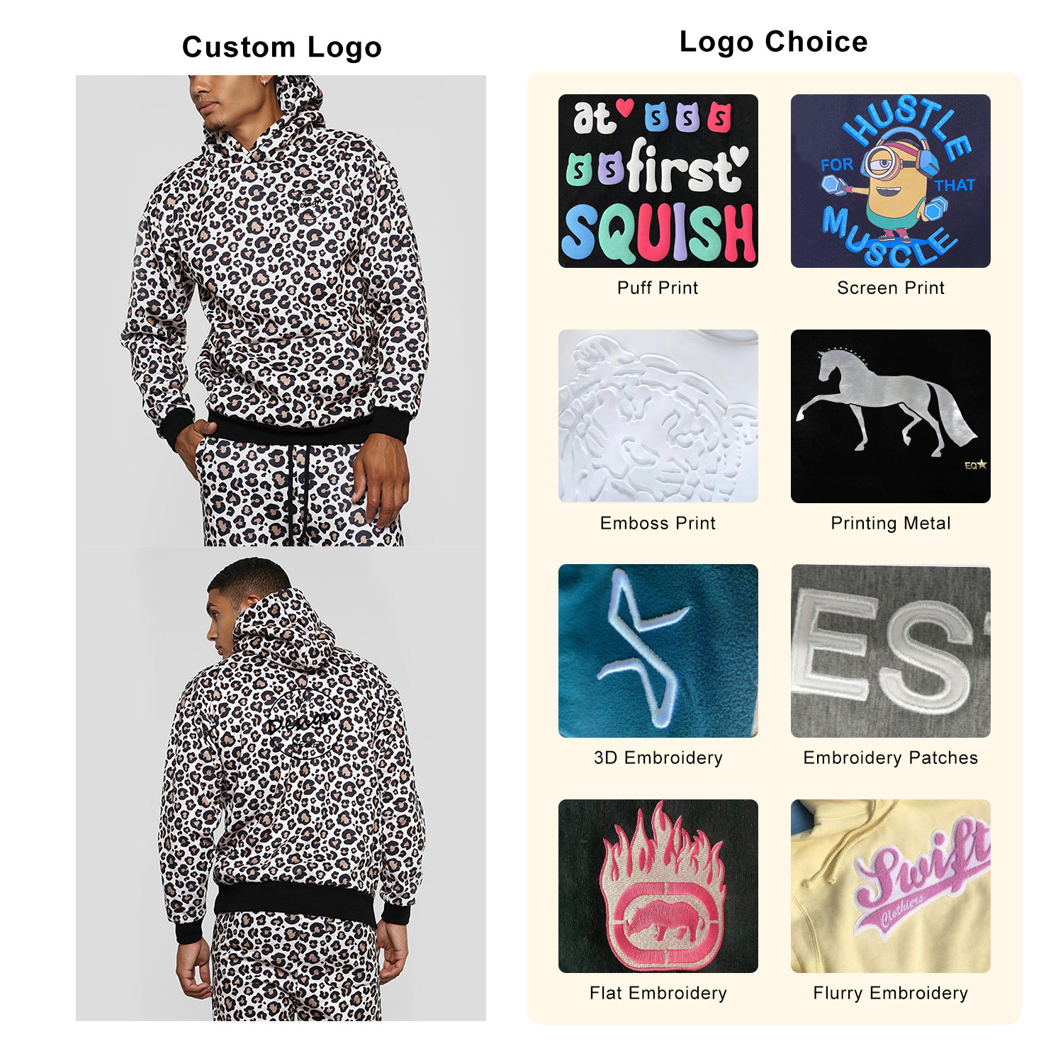 High Quality Custom Logo Cotton Polyester Streetwear Oversized Leopard Sublimation Print Set Tracksuit For Men