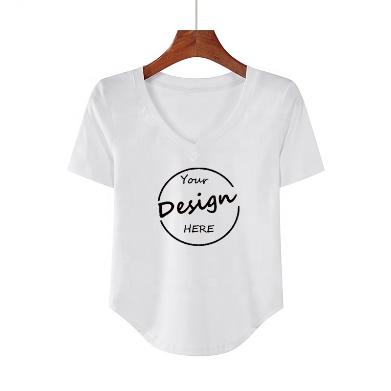 Custom fashion ladies round bottom tee tshirts screen print plain luxury modal cotton scoop curved hem v neck t shirts in bulk