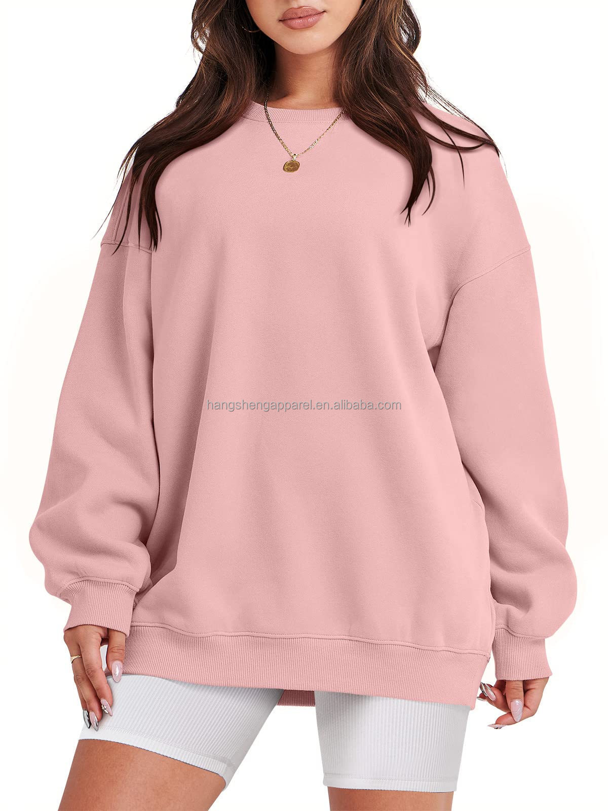 Custom Pink Woman Oversize Sweatshirt Puff Print Plain Crewneck Embossed Cotton Jumper Plus size Crew Neck Sweatshirts Women