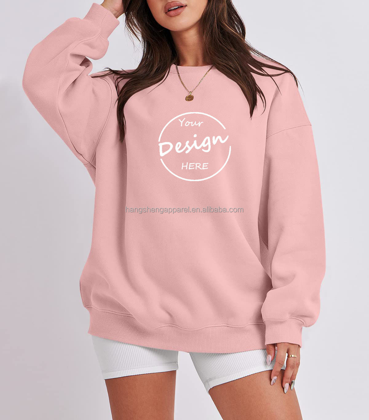 Custom Pink Woman Oversize Sweatshirt Puff Print Plain Crewneck Embossed Cotton Jumper Plus size Crew Neck Sweatshirts Women