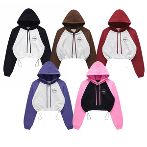 Wholesale Cropped Hoodie With Different Colored Sleeves Women Color Block Raglan Sleeve Hoodie Sweatshirt Streetwear Custom Logo