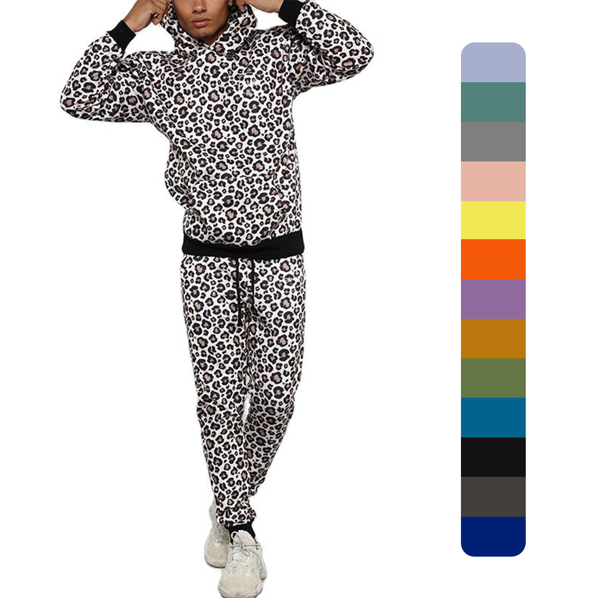 High Quality Custom Logo Cotton Polyester Streetwear Oversized Leopard Sublimation Print Set Tracksuit For Men