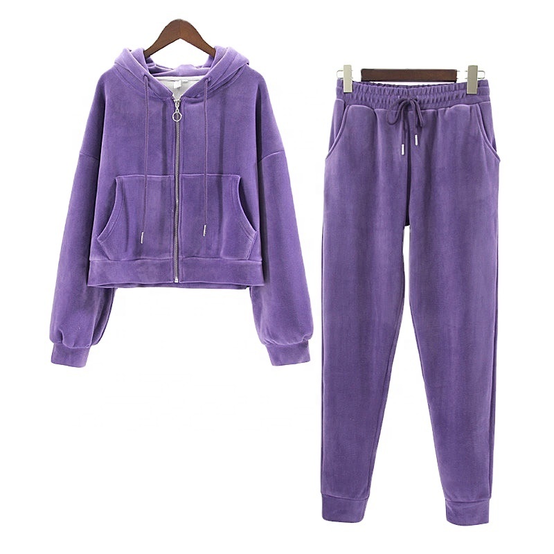 JL0302A Custom Crop Top Zipped Hoodie And Joggers Women Set Blank Purple  Hoodies And Sweatpants Tracksuit For Women