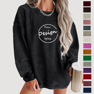 Embroidered Corduroy Jumper Crewneck Wholesale Custom Plain Ribbed Heavyweight 400GSM Corded Crew Neck Sweatshirt For Women