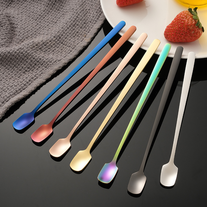 1PC Stainless Steel Long Handle Cutlery Coffee Tea Spoons Dessert Ice Cream Mini Scoop Kitchen Tableware Square-Headed Teaspoon