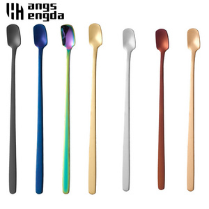 1PC Stainless Steel Long Handle Cutlery Coffee Tea Spoons Dessert Ice Cream Mini Scoop Kitchen Tableware Square-Headed Teaspoon