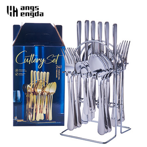 luxury stainless steel flatware in kitchen or dining table storage cutlery Cutlery Set 24pcs Flatware Sets With Metal Rack