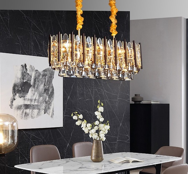 villa room decorative pendant lighting fixture black and gold block iron lamp luxury modern k9 hanging crystal chandelier