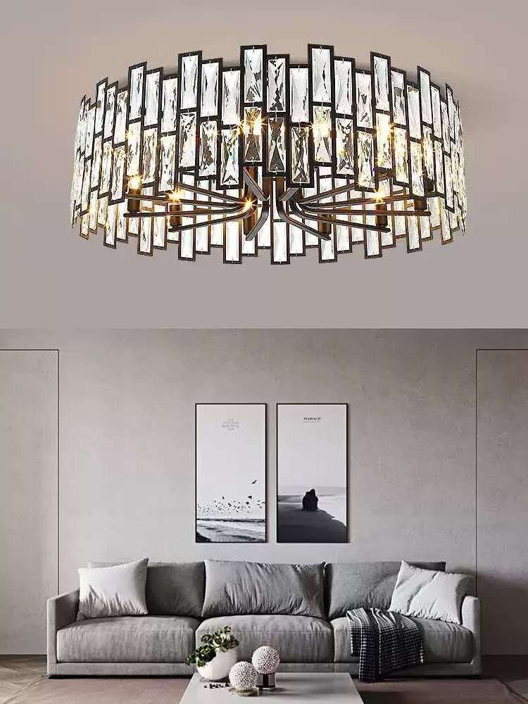 contemporary linear pendant lamp round room decorative high ceiling hanging lights black iron crystal lighting chandelier luxury