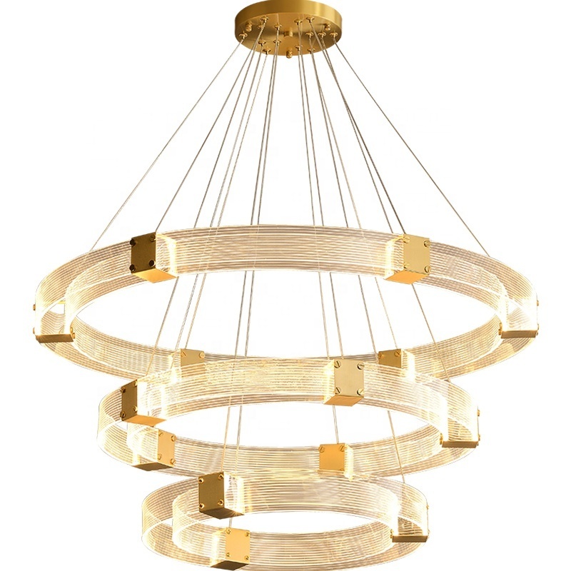 home decorative fixture lamp ceiling hanging lighting modern new copper dimmable acrylic ring led chandeliers pendant light