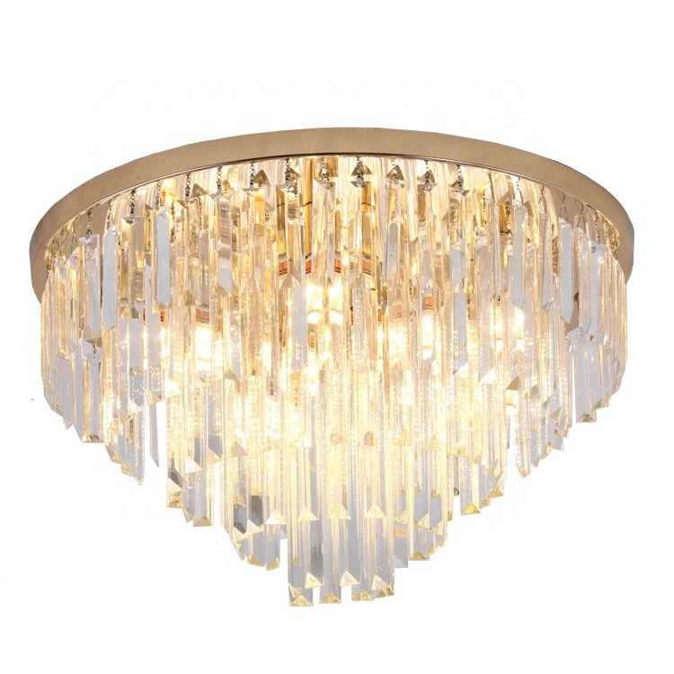 Modern Indoor Home Fixture Round Crystal Flush Ceiling Mount Light For Living Room