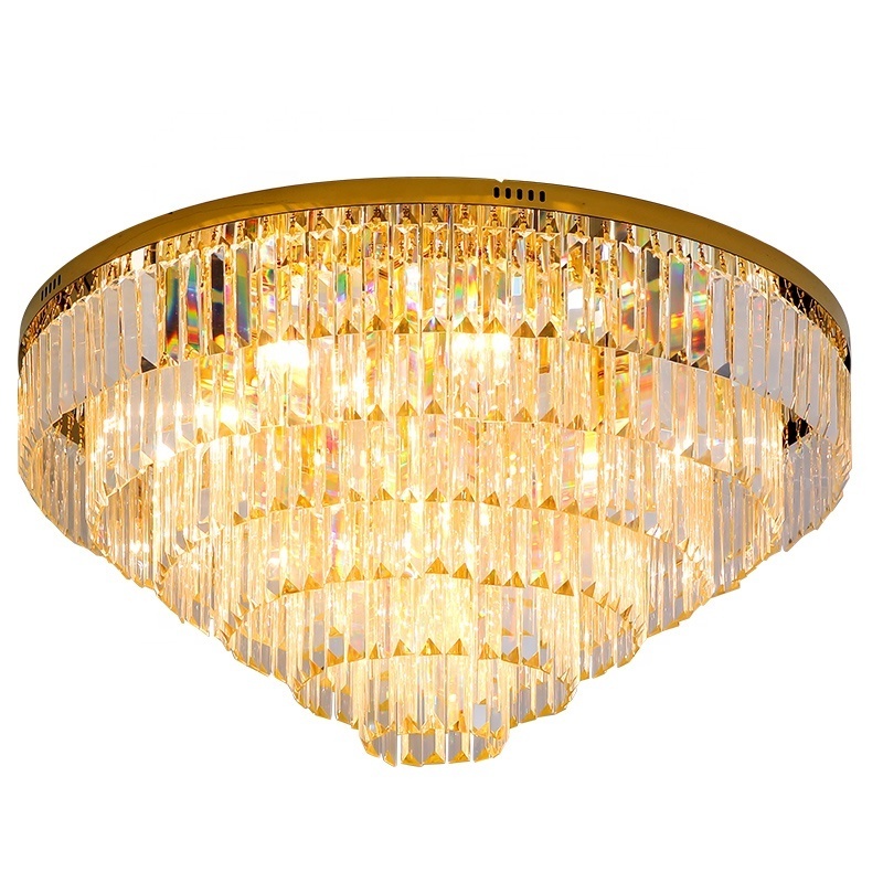 Modern Indoor Home Fixture Round Crystal Flush Ceiling Mount Light For Living Room