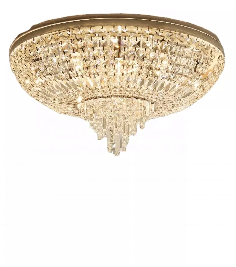 Modern Indoor Home Fixture Round Crystal Flush Ceiling Mount Light For Living Room