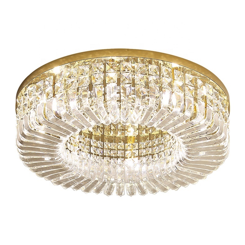 Modern Indoor Home Fixture Round Crystal Flush Ceiling Mount Light For Living Room