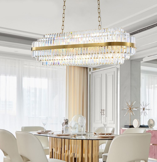 Pendant hanging lighting and lamps fixture dining room oval gold k9 crystal linear modern rectangular chandelier