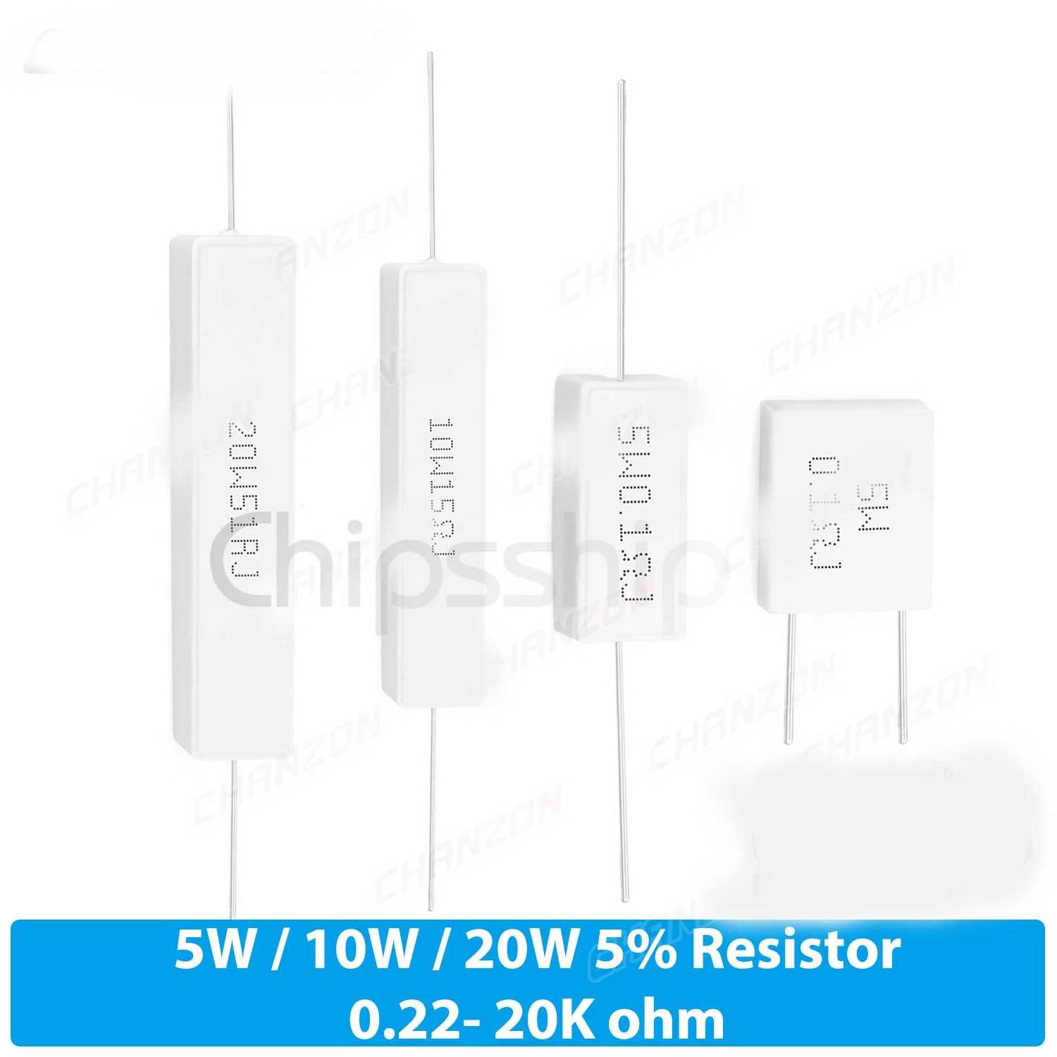 10Pcs/Pack 5W 10W 20W Ceramic Wirewound Resistor 0.1 0.15 0.5 2 15 20 25 30 33 100 330 1K 20K Ohm 5 10 20 Watt Cement Resistance