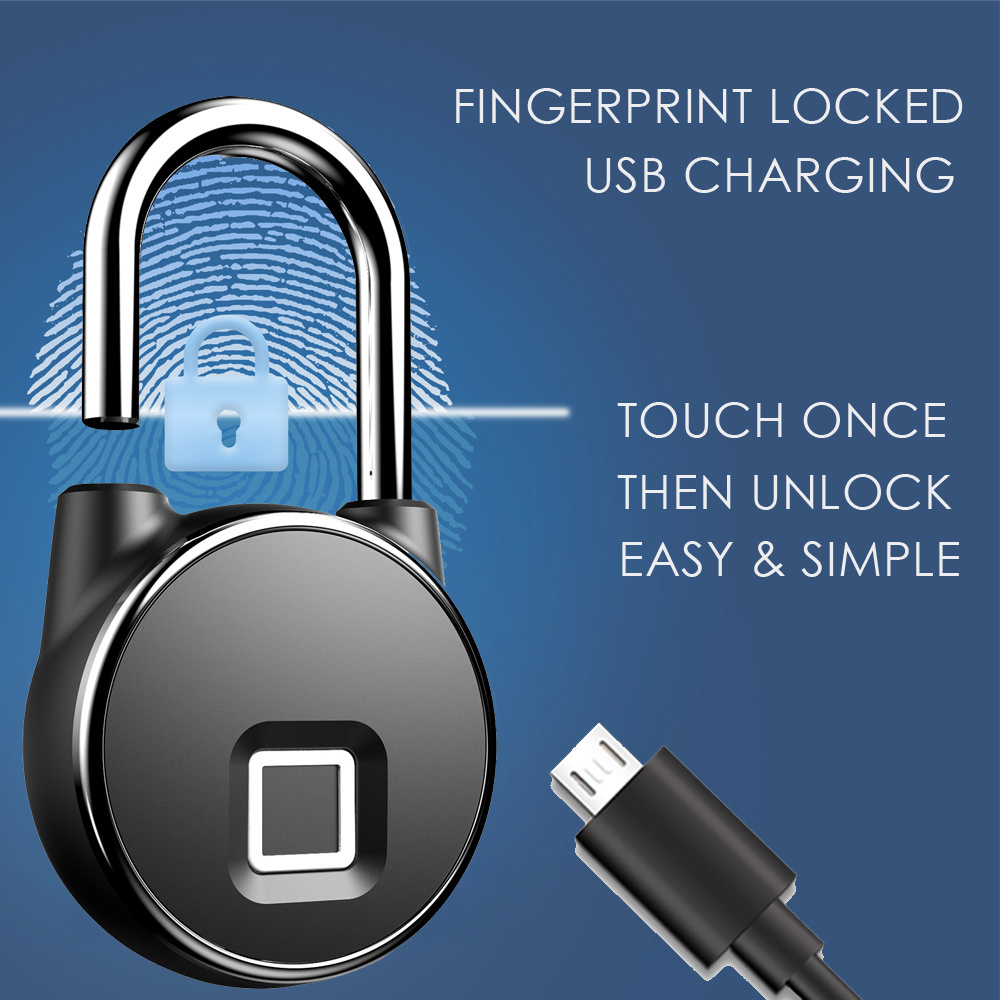 P22 USB Charging Fingerprint Lock IP66 Waterproof Smart Keyless Security Padlock Bike Case Bag Anti-Theft Lock