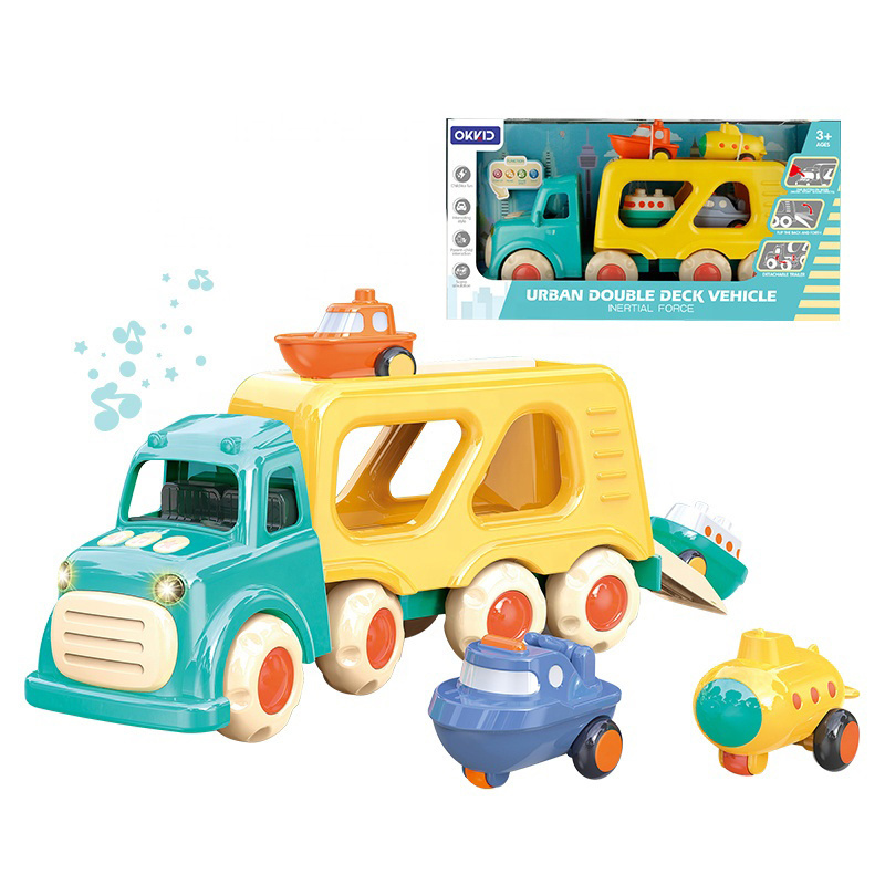 Hot Sale Cartoon City Double Deck Carrier Car Friction Power Toy Vehicle Truck With Light & Music for kids