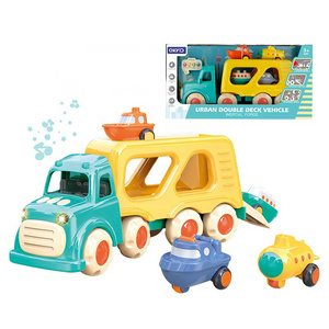 Hot Sale Cartoon City Double Deck Carrier Car Friction Power Toy Vehicle Truck With Light & Music for kids