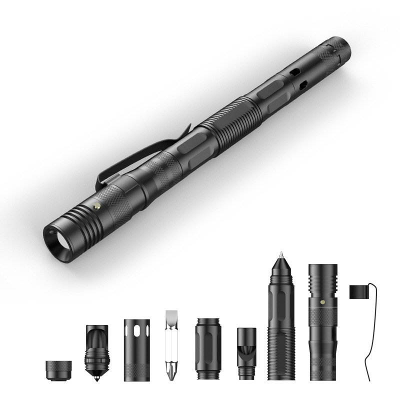 6 In 1 Outdoor Camping Multifunctional Self-Defense Tactical Pen With LED Attack Cone Survival Equipment