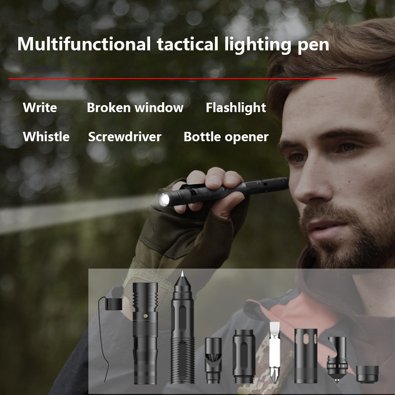 6 In 1 Outdoor Camping Multifunctional Self-Defense Tactical Pen With LED Attack Cone Survival Equipment