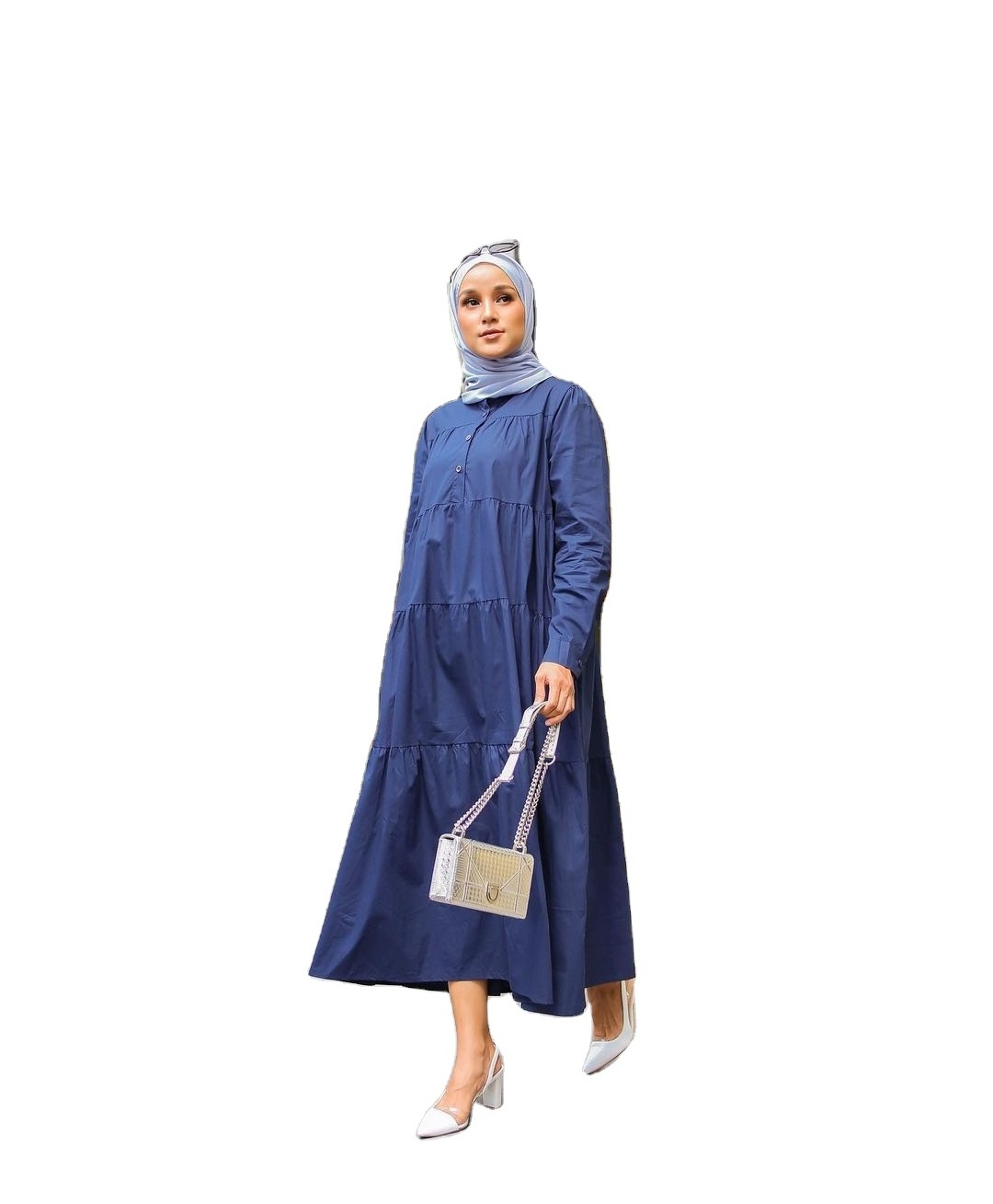 Malaysian Muslim Eid abaya loose swing solid color long sleeve conservative plus size women's clothing