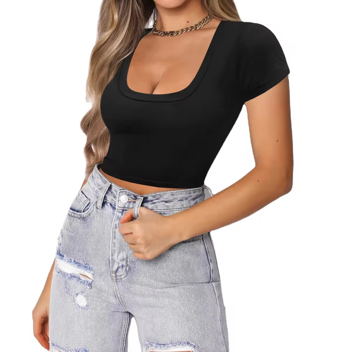 Summer sexy Y2K women's breathable moisturecute tops collar ultra short bare midriff short-sleeved T-shirt