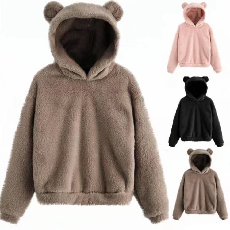 2023Amazon Europe and the United States new fall and winter fluffy rabbit ears hooded warm sweater hoodie