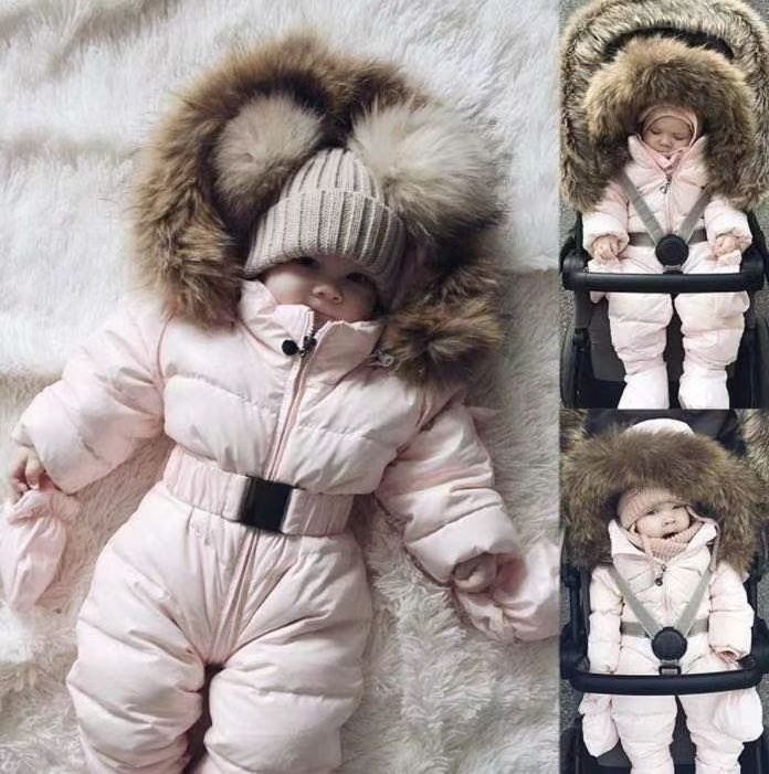 2023 new baby winter fur collar hooded thick warm solid color cute sports zipper waist one-piece crawling suit