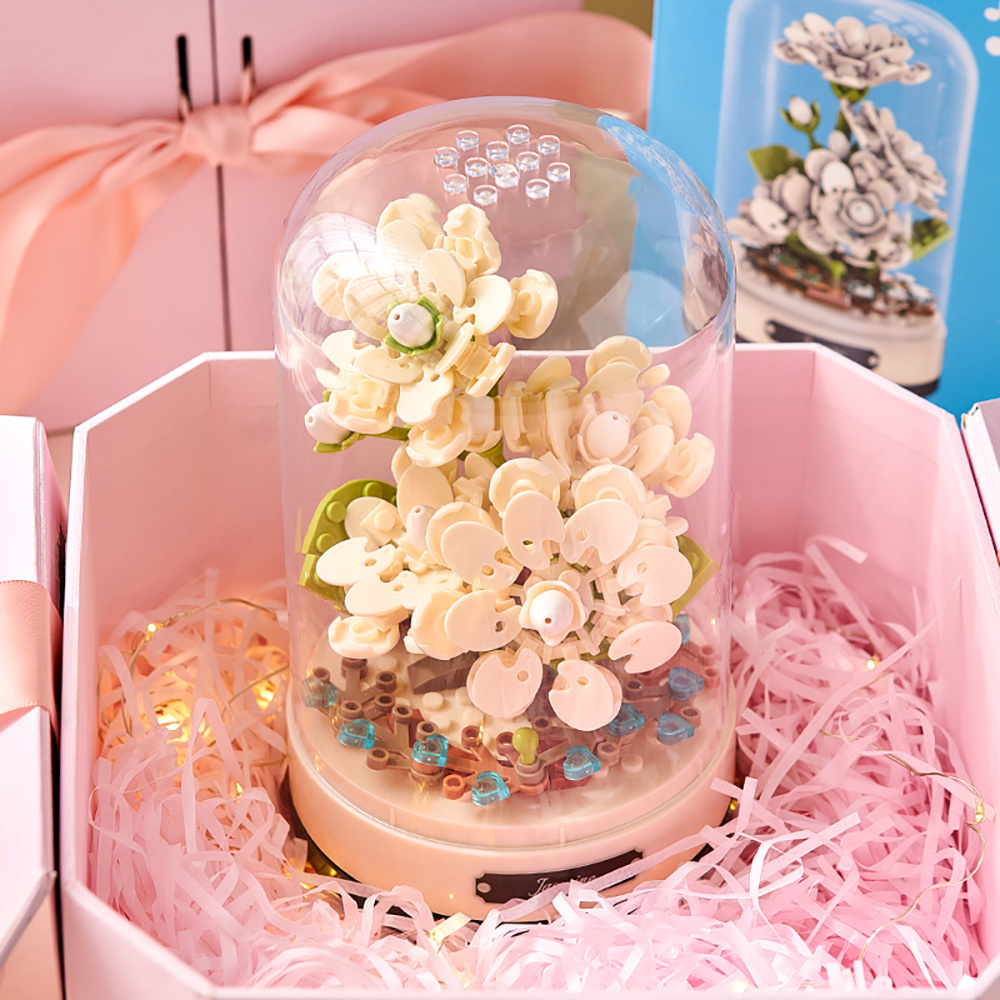 Modern home interior accessories resin garden diy building blocks flower music box