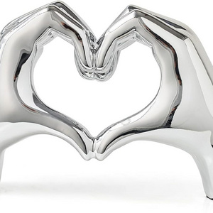 FJS Home Decor Silver Love Heart Hands Statue Modern Art Sculpture Decorations for Living Room Bedroom Shelf Coffee Table Center